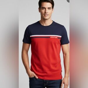 Nautica Men's Short Sleeve Red and Navy Tee
